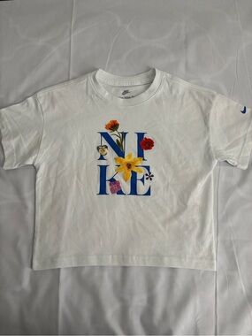 Nike Blue Floral Logo Tee with Yellow Accent